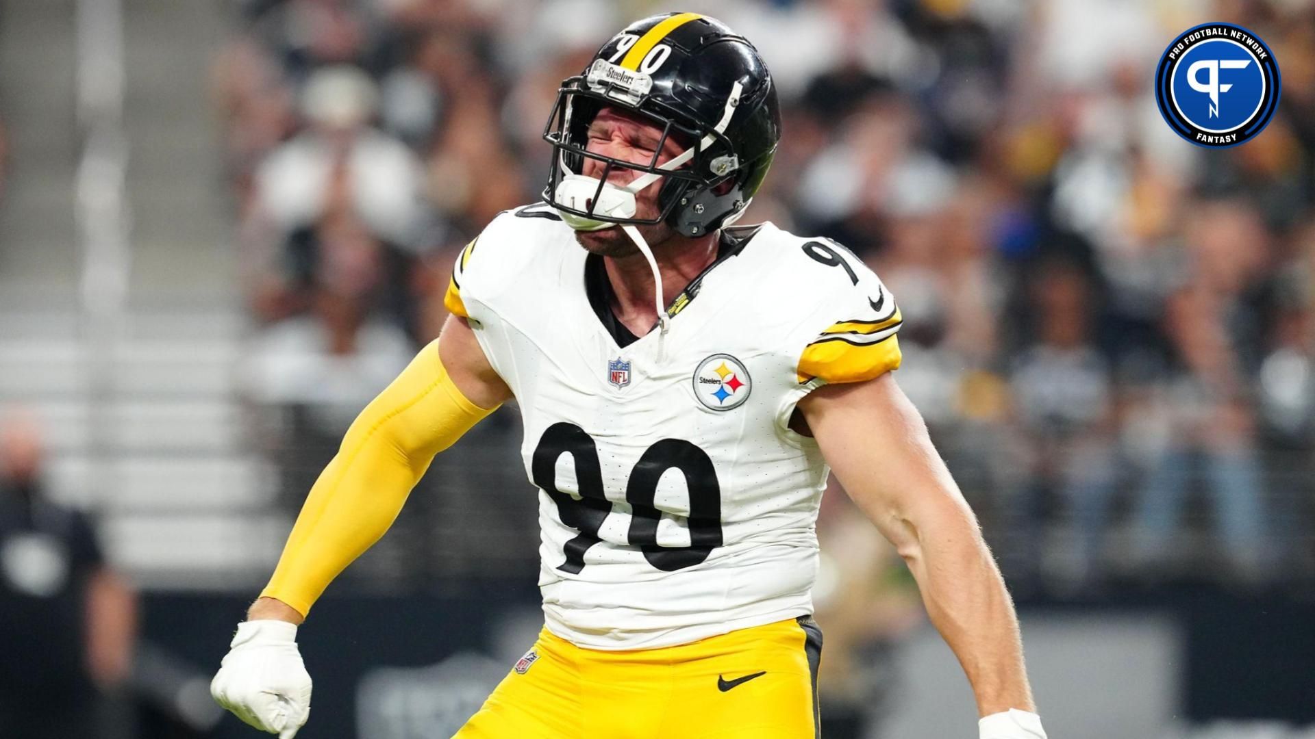 T.J. Watt (90) celebrates after sacking Las Vegas Raiders quarterback Jimmy Garoppolo (10) during the first quarter at Allegiant Stadium.