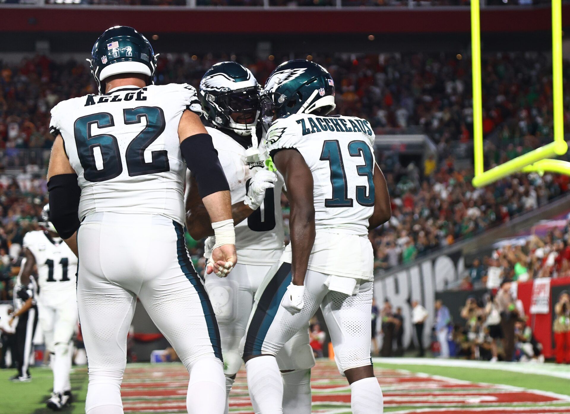 Philadelphia Eagles WR Olamide Zaccheaus celebrates with teammates after scoring a touchdown vs. the Tampa Bay Buccaneers.