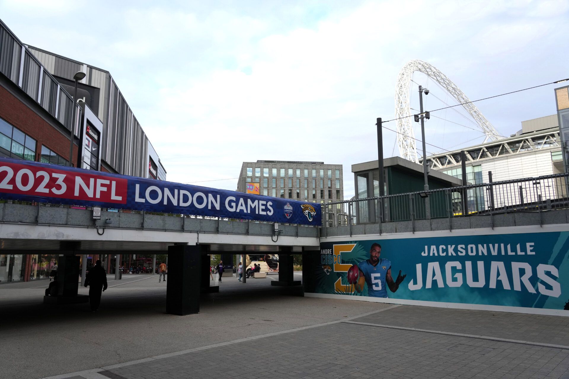 A general overall view of a mural featuring image of Jacksonville Jaguars safety Andre Cisco (5) at Wembley Stadium, the stie of the 2023 NFL International Series game between the Atlanta Falcons and the Jaguars.