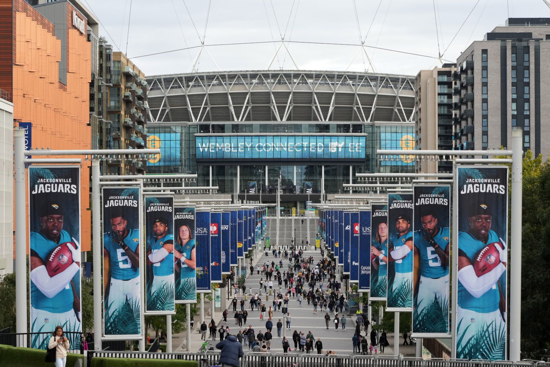 A general overall view of banners with images of Jacksonville Jaguars players along Olympic Way at Wembley Stadium, the stie of the 2023 NFL International Series game between the Atlanta Falcons and the Jaguars