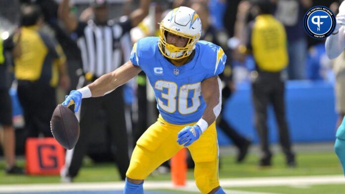 Los Angeles Chargers running back Austin Ekeler (30) celebrates after a touchdown in the first half against the Miami Dolphins at SoFi Stadium.