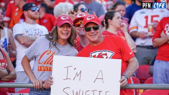 Kansas City Chiefs and Taylor Swift fans show their support against the Chicago Bears during the first half at GEHA Field at Arrowhead Stadium.