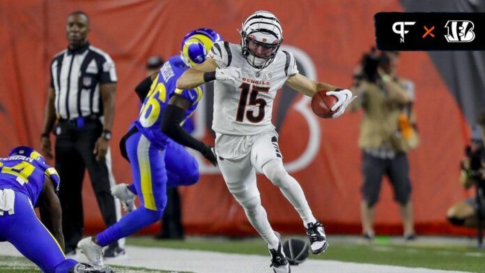 Cincinnati Bengals WR Charlie Jones (15) returns a punt against the Los Angeles Rams.