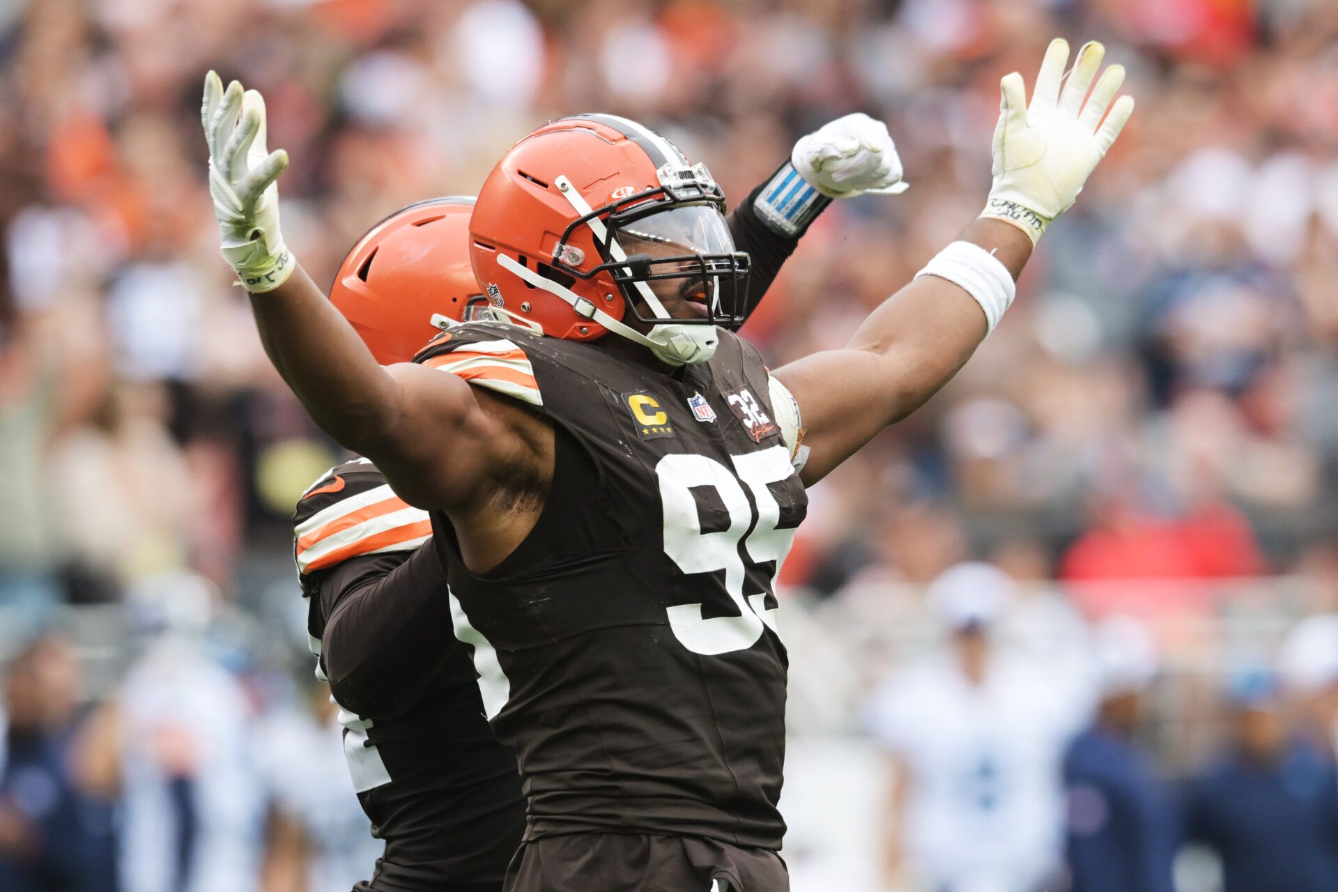 Cleveland Browns DE Myles Garrett (95) celebrates after a sack.