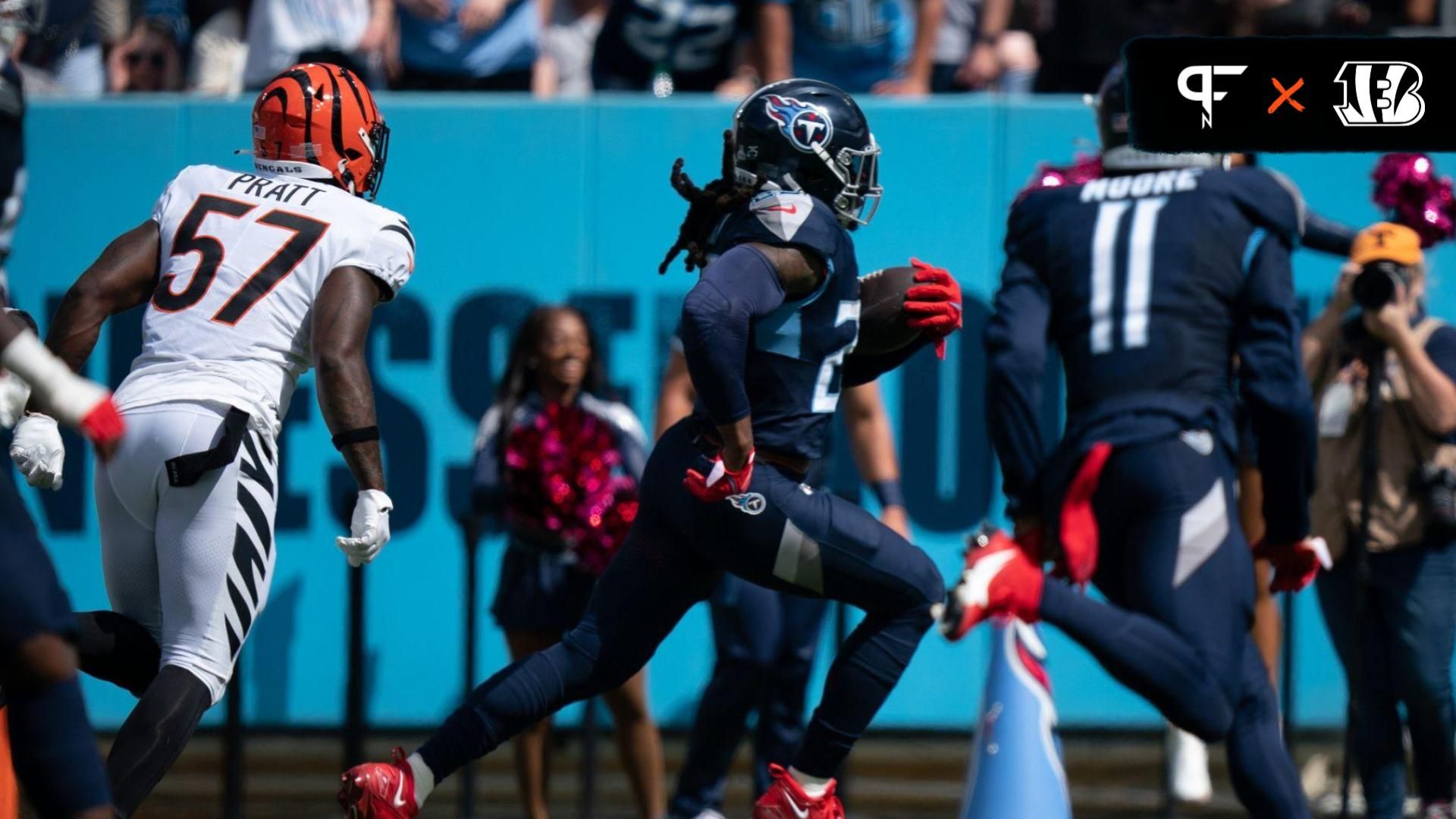 Tennessee Titans running back Derrick Henry (22) runs for a touchdown against the Cincinnati Bengals in the second quarter at Nissan Stadium in Nashville, Tenn., Sunday, Oct. 1, 2023.