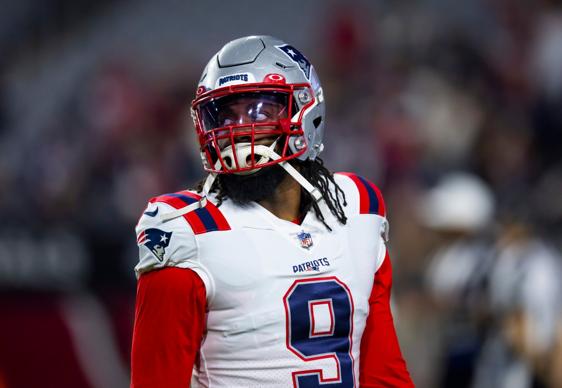 Dec 12, 2022; Glendale, Arizona, USA; New England Patriots linebacker Matthew Judon (9) against the Arizona Cardinals at State Farm Stadium. Mandatory Credit: Mark J. Rebilas-USA TODAY Sports