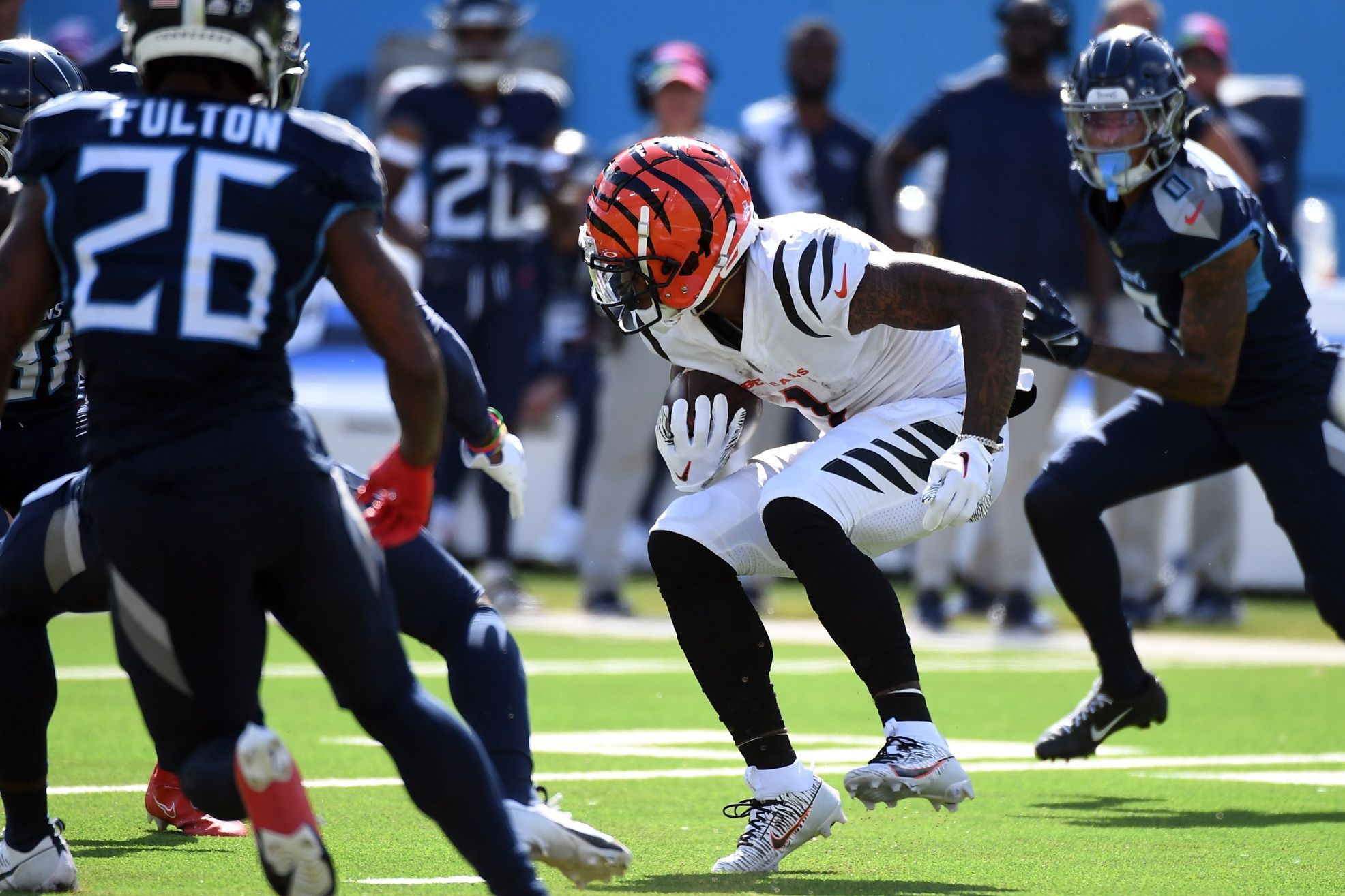 Ja'Marr Chase (1) runs after a reception during the second half against the Tennessee Titans at Nissan Stadium.