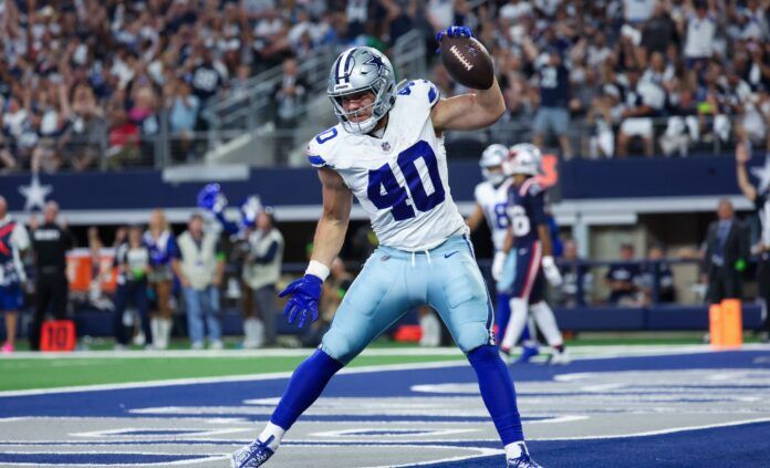 Dallas Cowboys RB Hunter Luepke celebrates after scoring TD vs. New England Patriots.