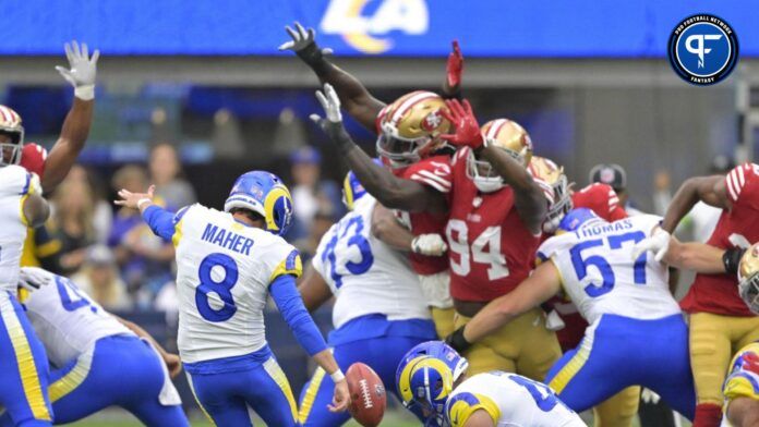 Los Angeles Rams place kicker Brett Maher (8) kicks a field goal in the first half against the San Francisco 49ers at SoFi Stadium