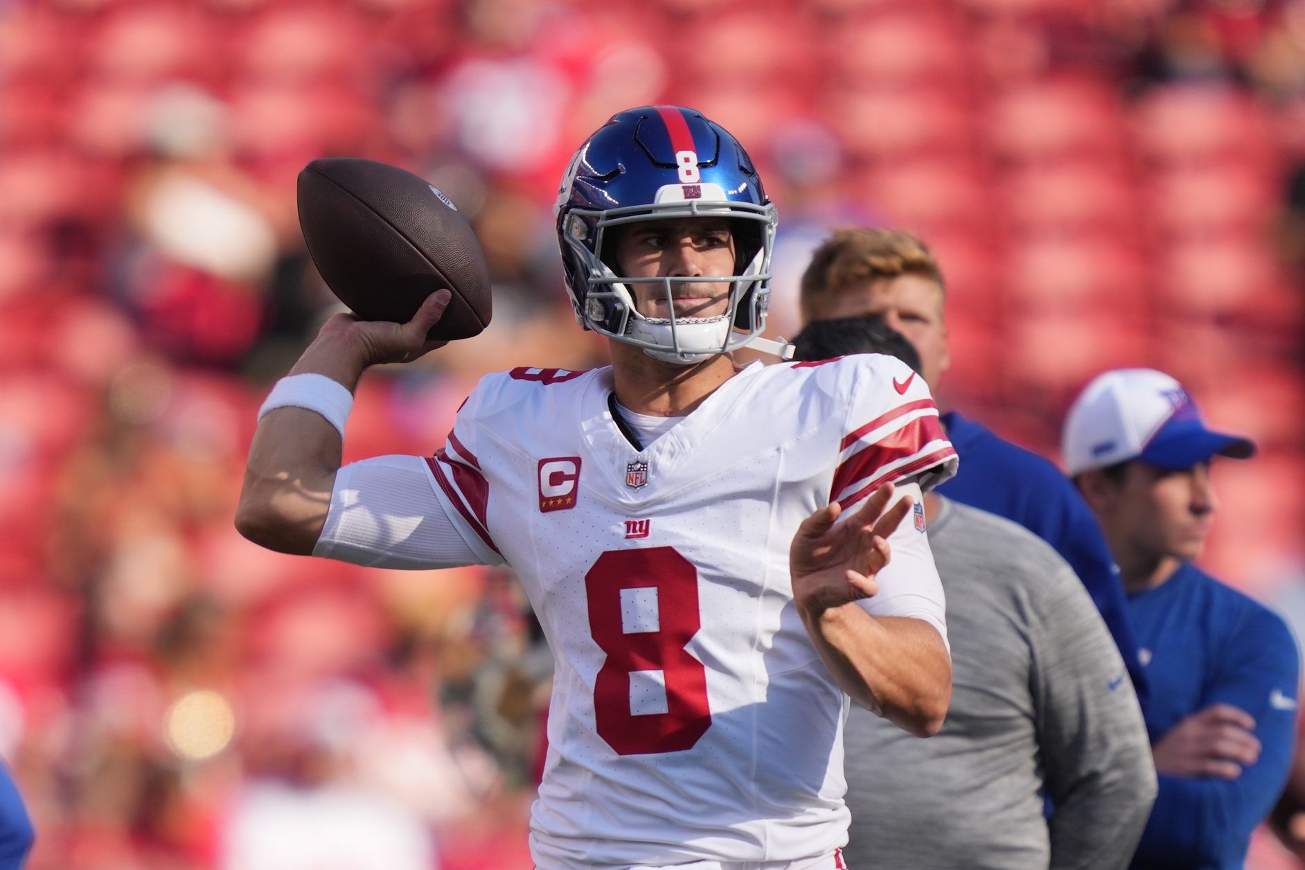 Daniel Jones (8) warms up before the game against the San Francisco 49ers at Levi's Stadium.