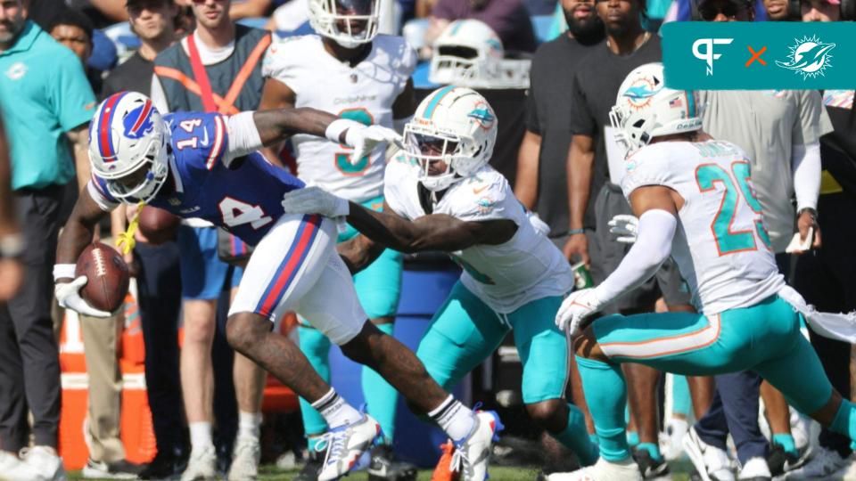 Buffalo Bills WR Stefon Diggs (14) spins away for a touchdown against the Miami Dolphins.