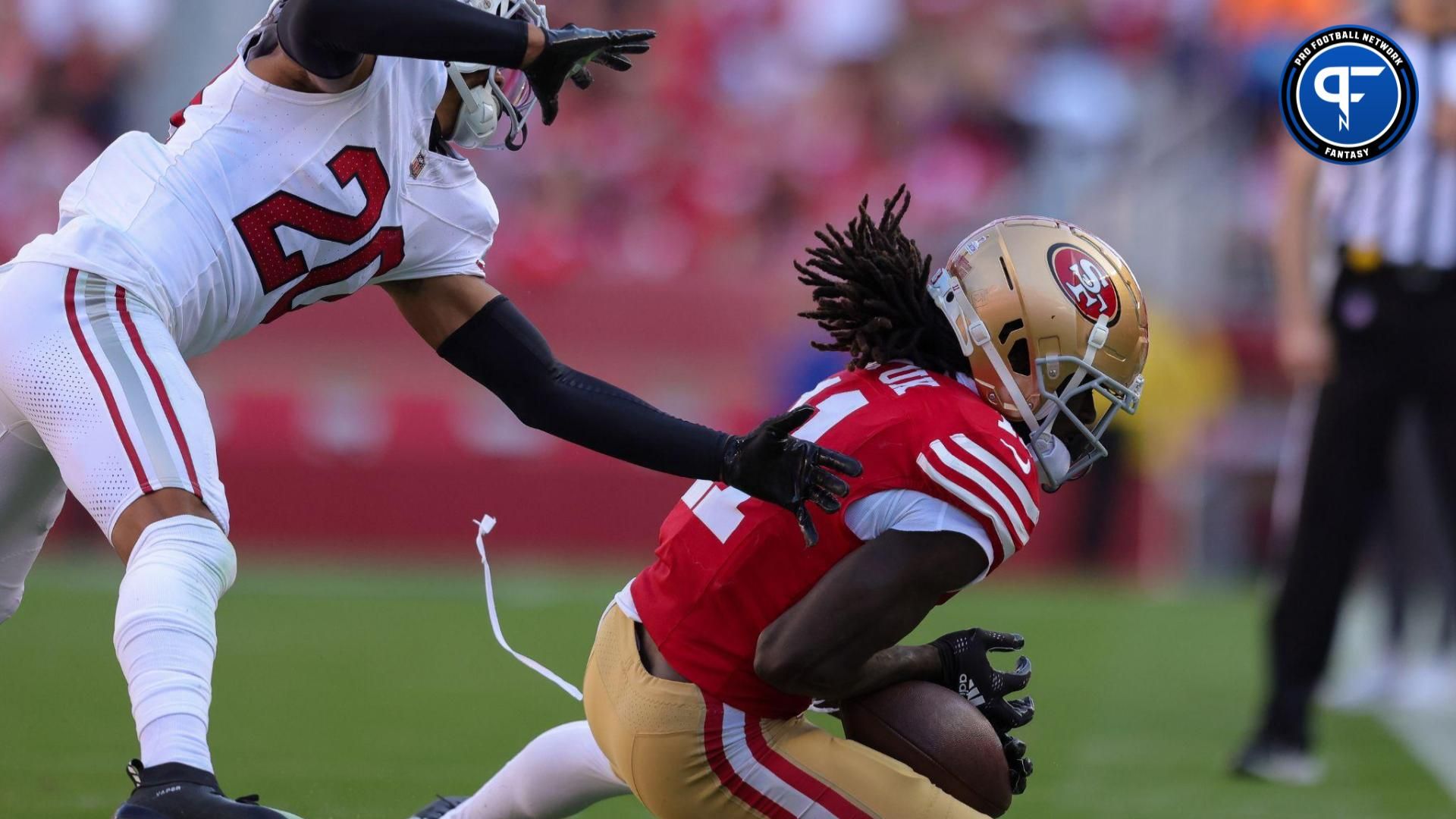 San Francisco 49ers WR Brandon Aiyuk (11) makes a catch against the Arizona Cardinals.