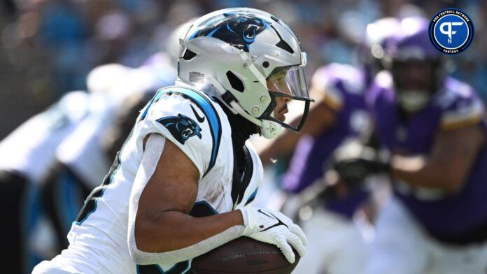 Chuba Hubbard (30) with the ball in the third quarter at Bank of America Stadium.