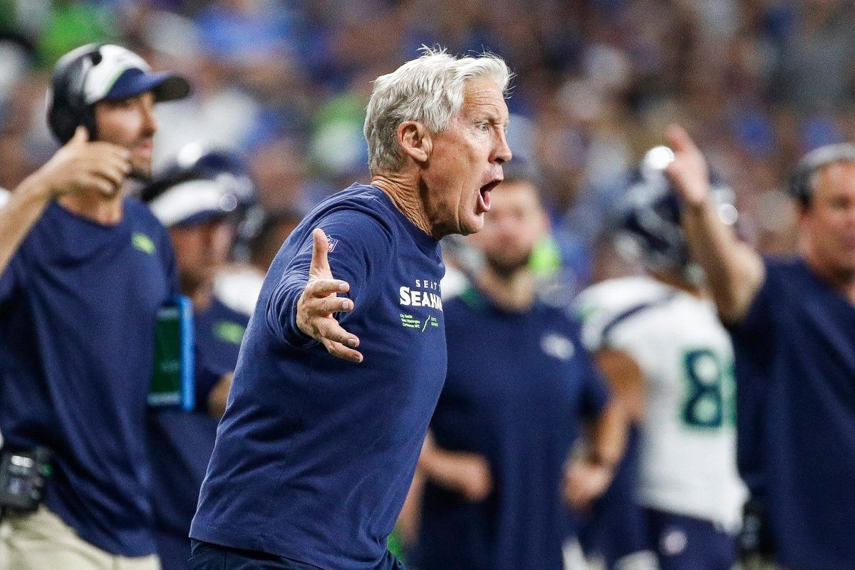 Pete Carroll reacts to a play against Detroit Lions during the second half at Ford Field.