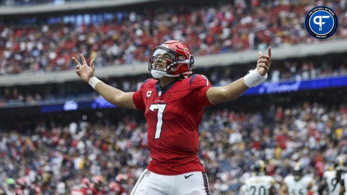 Houston Texans QB C.J. Stroud (7) celebrates after a touchdown.