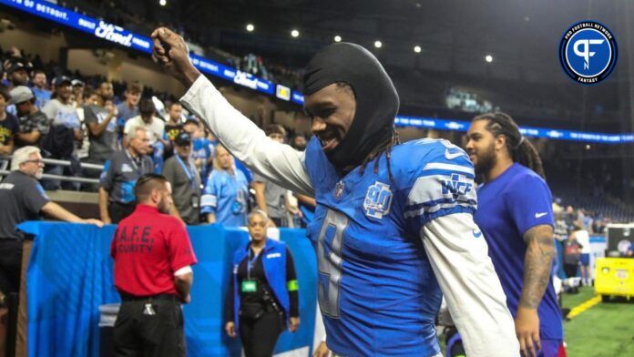 Detroit Lions wide receiver Jameson Williams (9) waves at fans after a 21-16 win over the New York Giants at a preseason game at Ford Field in Detroit on Friday, Aug. 11, 2023.