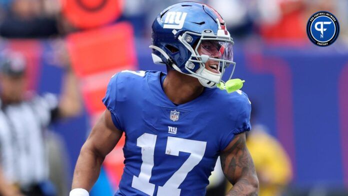 New York Giants wide receiver Wan'Dale Robinson (17) reacts during the second quarter against the Baltimore Ravens at MetLife Stadium.