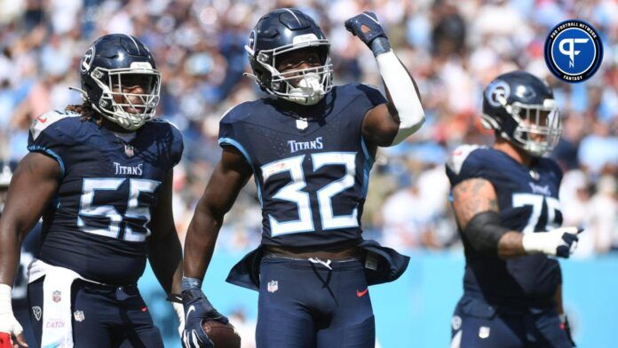 Tennessee Titans running back Tyjae Spears (32) celebrates after a first down run during the first half against the Cincinnati Bengals at Nissan Stadium.