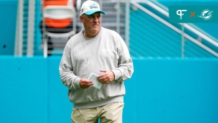 Miami Dolphins defensive coordinator Vic Fangio watching a team scrimmage.