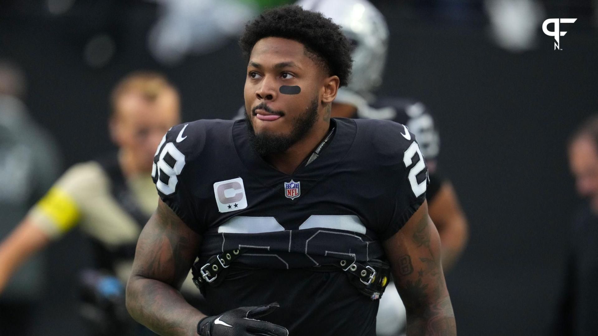 Las Vegas Raiders running back Josh Jacobs (28) takes the field before the start of a game against the San Francisco 49ers at Allegiant Stadium.