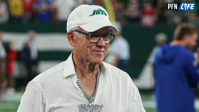 New York Jets owner Woody Johnson on the field before the game against the Buffalo Bills at MetLife Stadium.