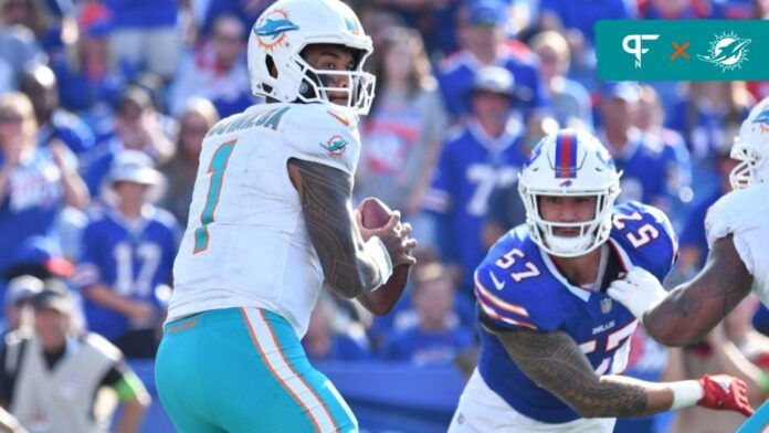 Miami Dolphins QB Tua Tagovailoa (1) drops back to pass against the Buffalo Bills.