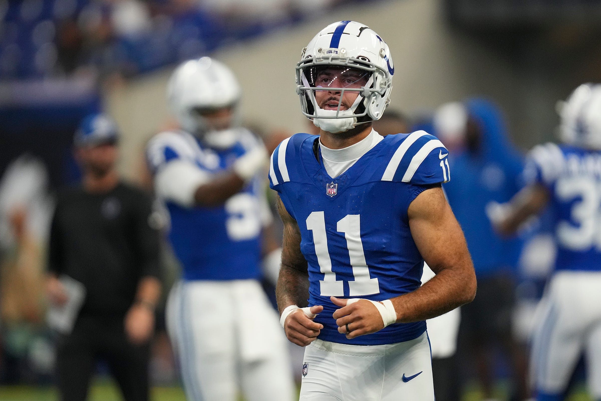 Indianapolis Colts wide receiver Michael Pittman Jr. (11) warms up before facing the Los Angeles Rams on Sunday, Oct. 1, 2023, in Indianapolis.