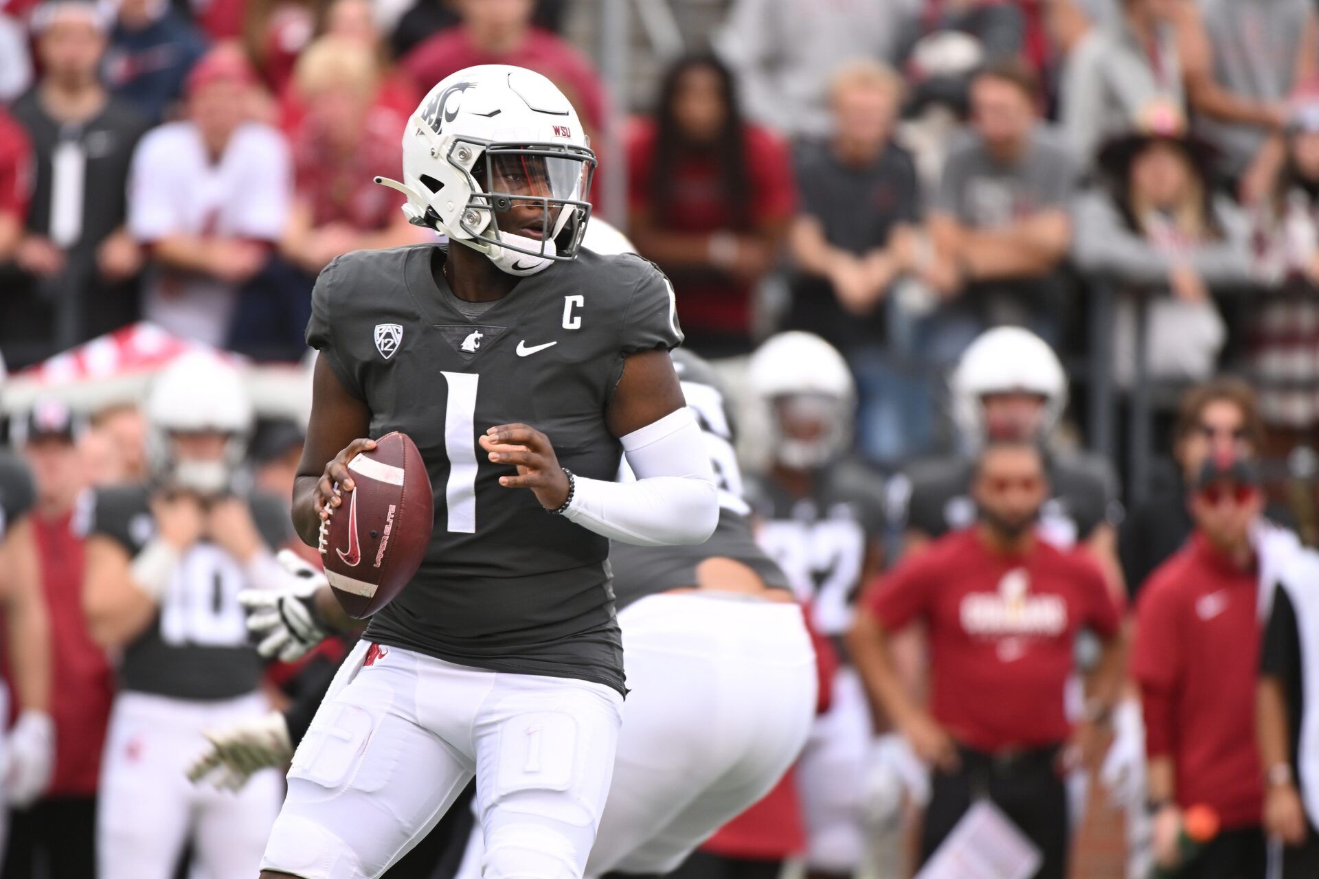 Washington State QB Cameron Ward (1) gets set to throw.