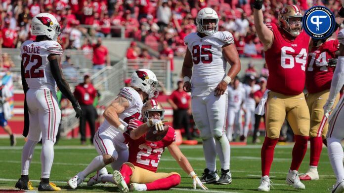 San Francisco 49ers running back Christian McCaffrey celebrates a touchdown against the Arizona Cardinals.