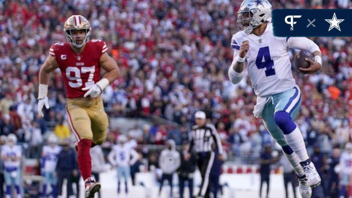 San Francisco 49ers DE Nick Bosa (97) chases Dallas Cowboys QB Dak Prescott (4).