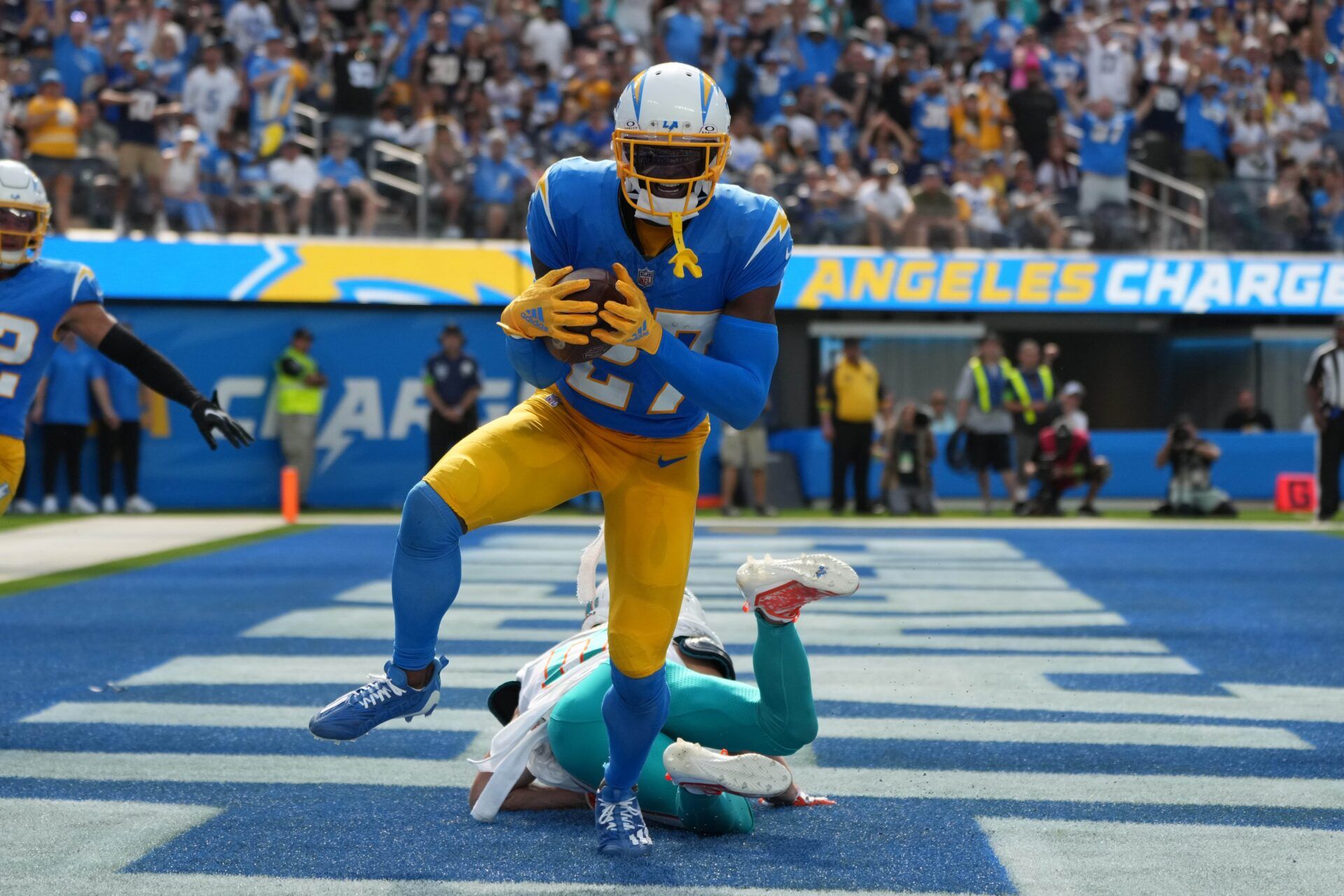 Los Angeles Chargers CB J.C. Jackson (27) intercepts a pass against the Miami Dolphins.