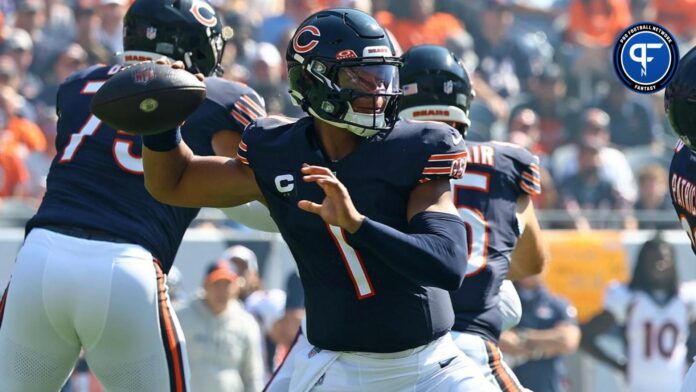 Chicago Bears QB Justin Fields steps up to pass vs. the Denver Broncos.