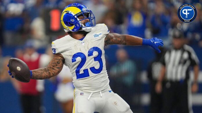 Kyren Williams (23) celebrates a touchdown during the first half of the game against the Indianapolis Colts.