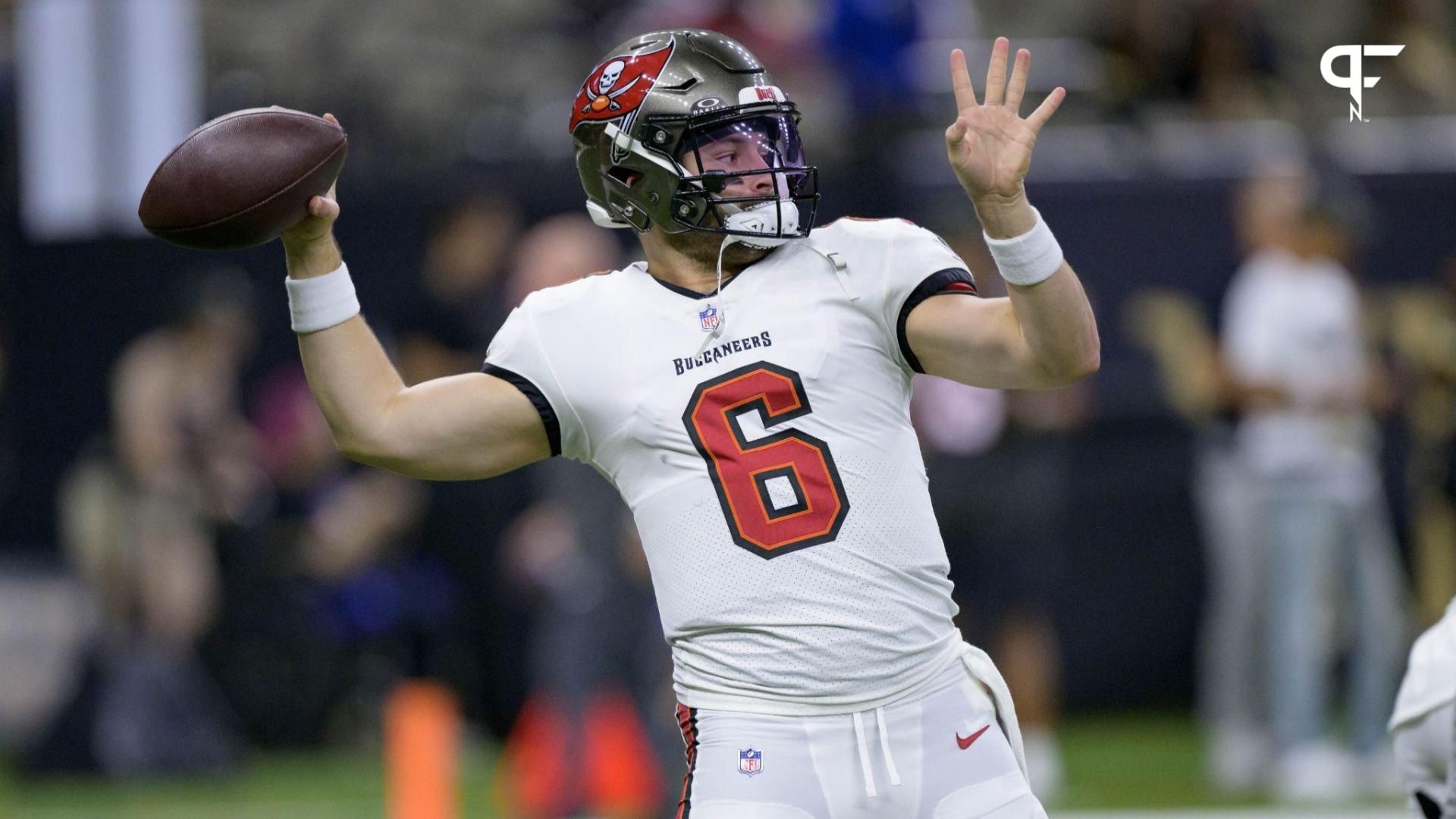 Baker Mayfield (6) warms up before a game against the New Orleans Saints at Caesars Superdome.