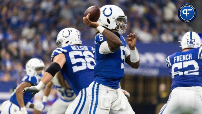 Anthony Richardson (5) passes the ball in the second half against the Los Angeles Rams at Lucas Oil Stadium.