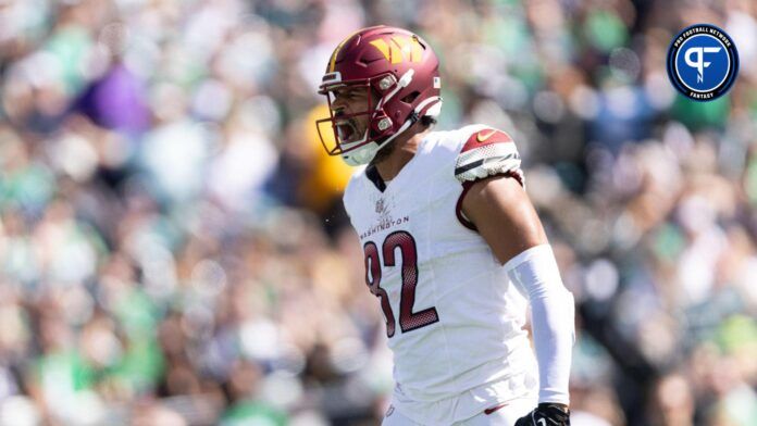 Logan Thomas (82) reacts after a catch and personal foul against the Philadelphia Eagles during the second quarter at Lincoln Financial Field.