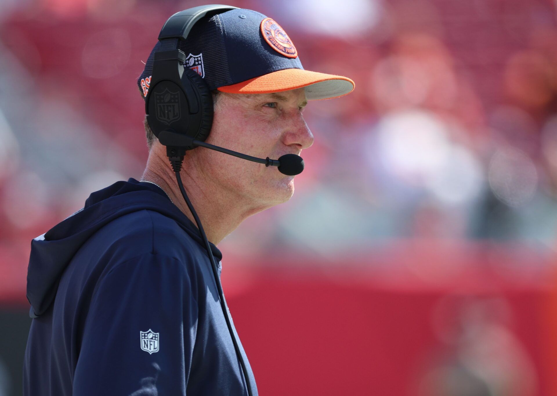 Matt Eberflus looks on during the second half against the Tampa Bay Buccaneers at Raymond James Stadium.