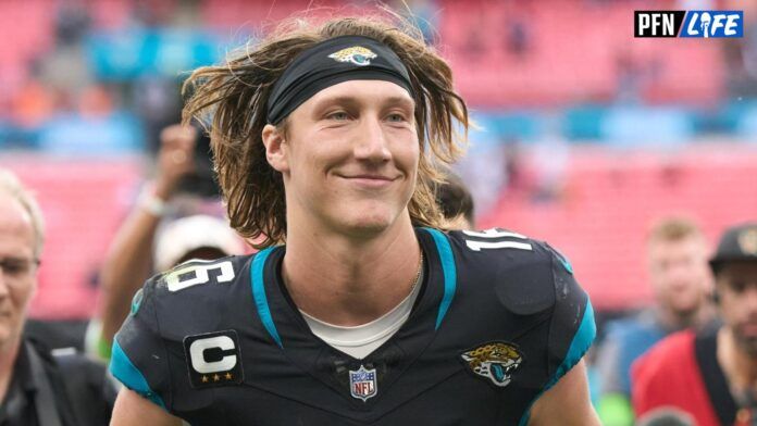 Trevor Lawrence (16) leaves the field after the second half of an NFL International Series game at Wembley Stadium.