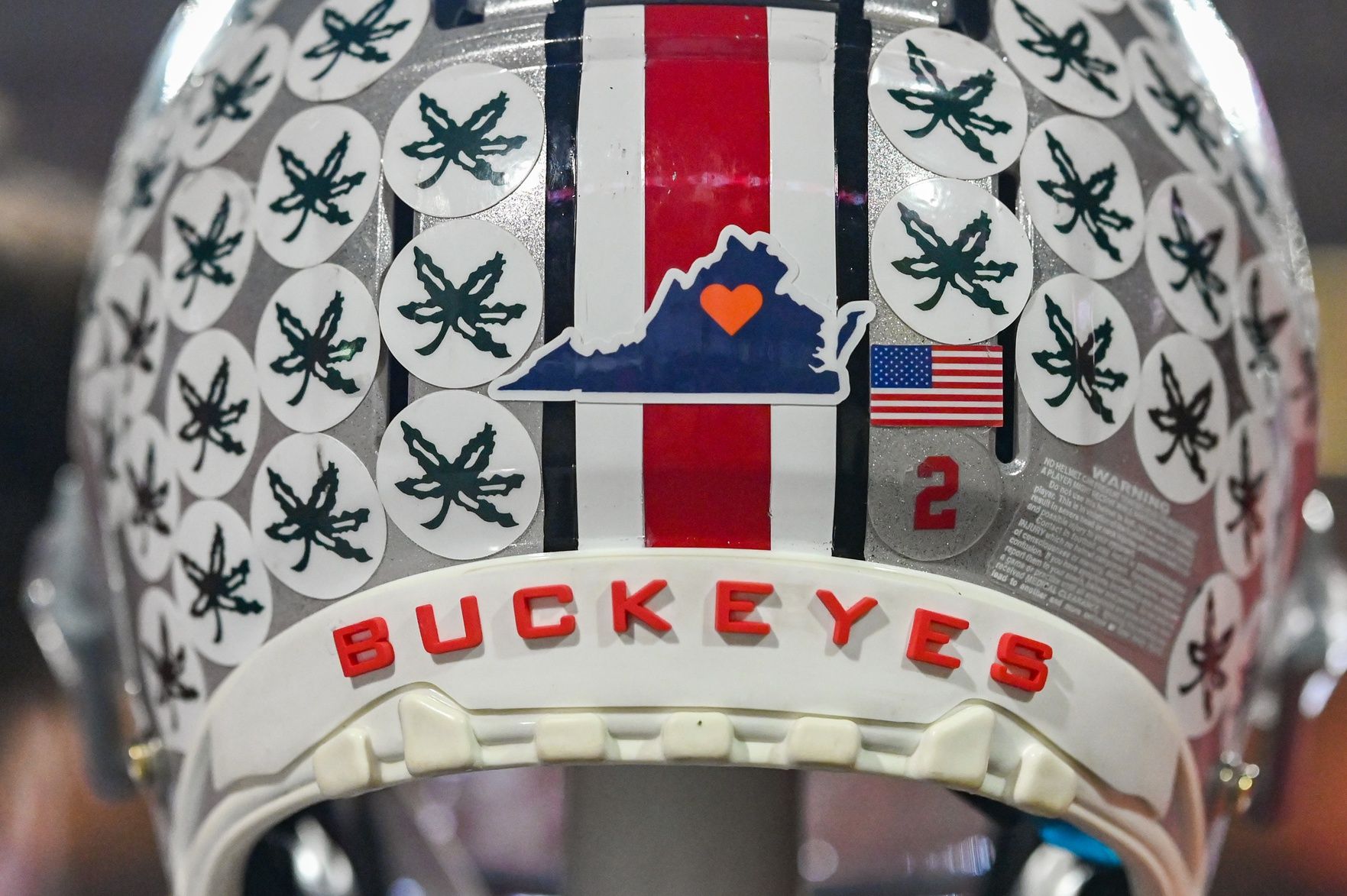 An up-close view of the stickers on an Ohio State Buckeyes helmet.