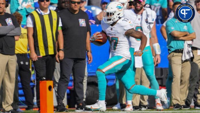 Miami Dolphins wide receiver Jaylen Waddle (17) runs with the ball after making a catch against the Buffalo Bills.