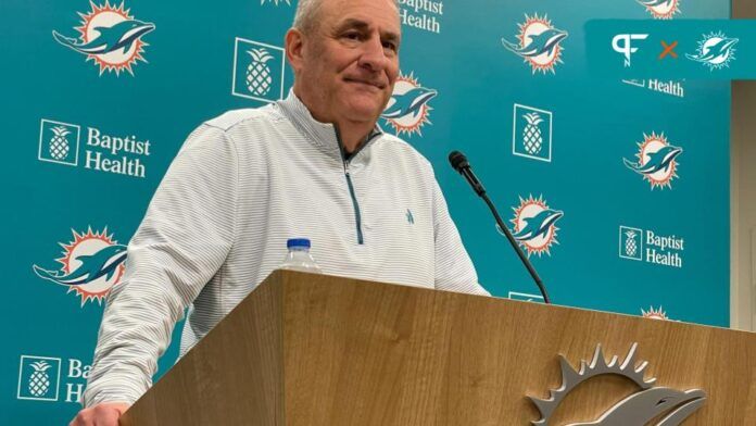 Miami Dolphins DC Vic Fangio talks to the media.