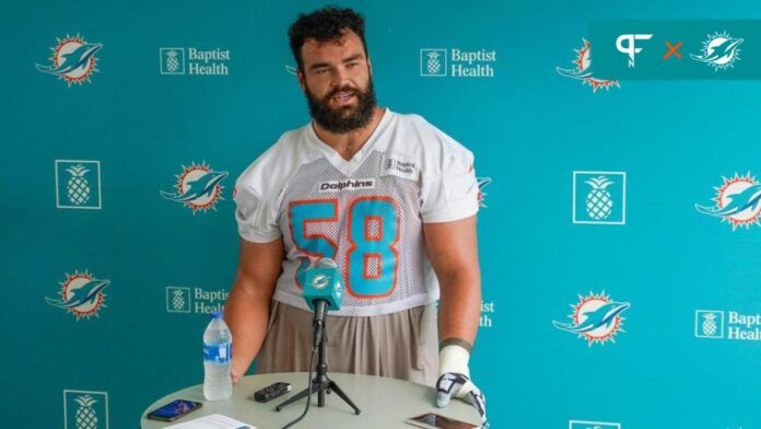 Miami Dolphins OL Connor Williams (58) talks to the media.