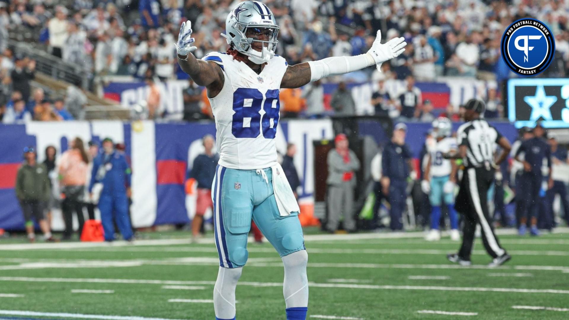 Dallas Cowboys WR CeeDee Lamb celebrates after second half TD vs. the New York Giants.