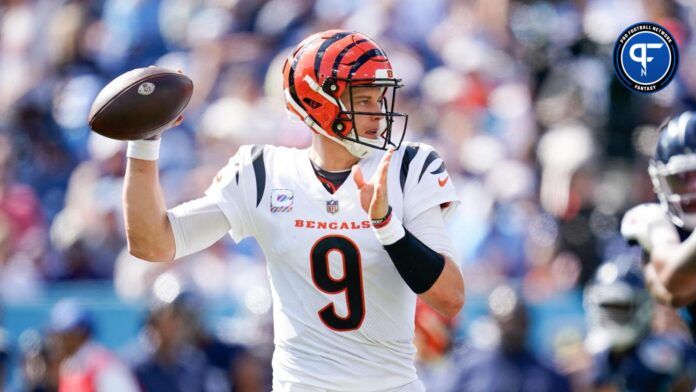 Cincinnati Bengals QB Joe Burow steps up to pass in game vs. the Tenneesee Titans.