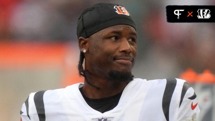 Cincinnati Bengals wide receiver Tee Higgins (5) looks towards Cleveland Browns fans in the closing moments of the fourth quarter of an NFL football game between the Cincinnati Bengals and Cleveland Browns, Sunday, Sept. 10, 2023, at Cleveland Browns Stadium in Cleveland.