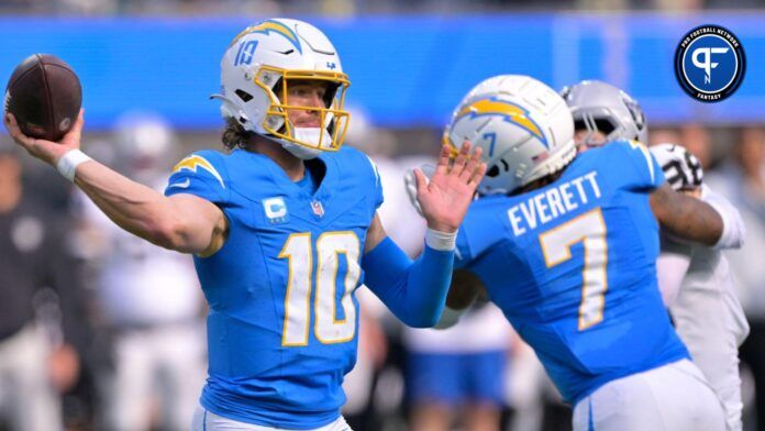 Los Angeles Chargers quarterback Justin Herbert (10) throws a pass in the second half against the Las Vegas Raiders at SoFi Stadium.