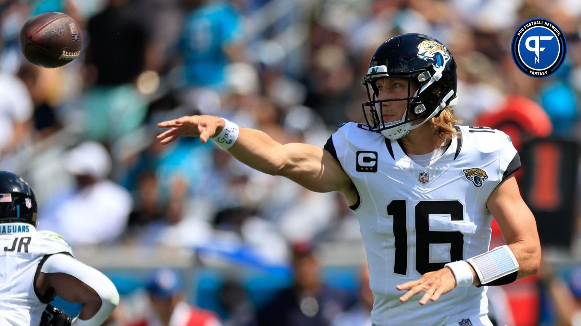 Jacksonville Jaguars quarterback Trevor Lawrence (16) passes the ball during the first quarter of an NFL football matchup Sunday, Sept. 24, 2023 at EverBank Stadium in Jacksonville, Fla.