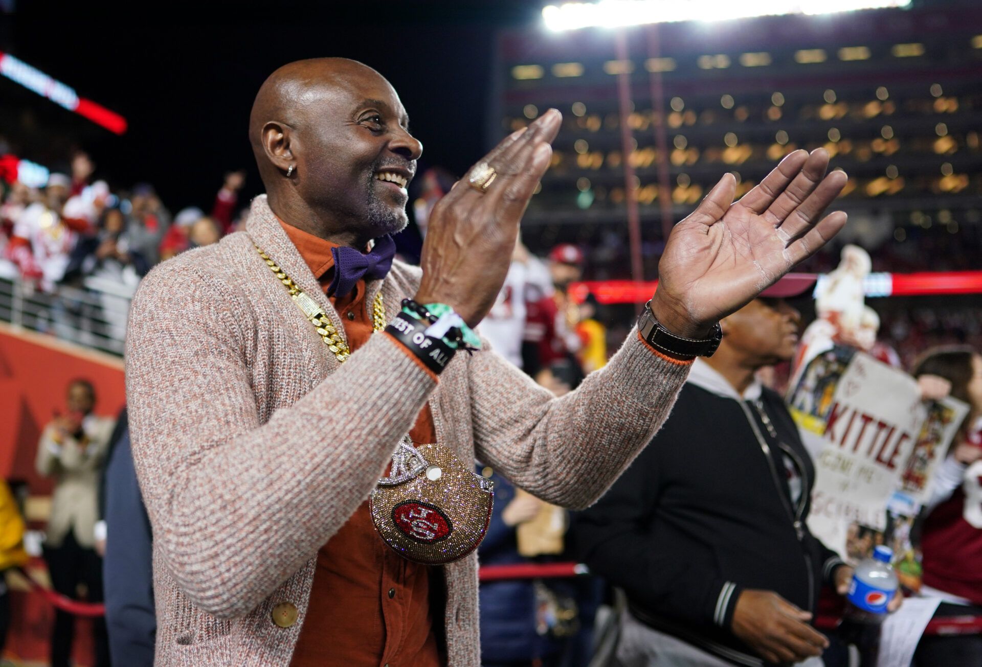 Former San Francisco 49ers wide receiver Jerry Rice celebrates after the 49ers defeated the Dallas Cowboys 19-12 in a NFC divisional round game at Levi's Stadium.