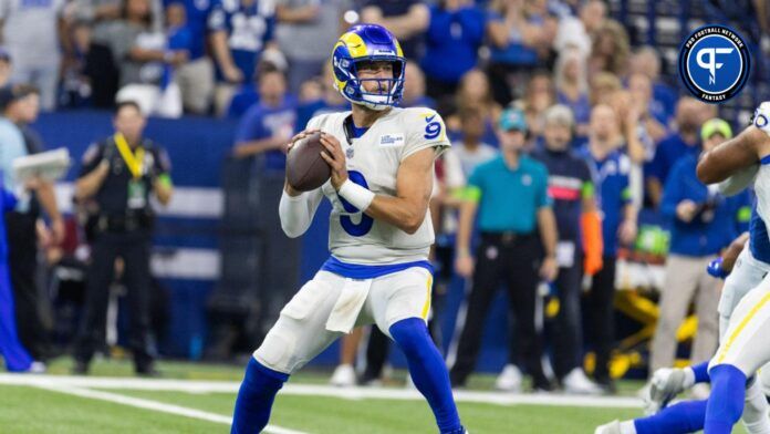 Los Angeles Rams quarterback Matthew Stafford (9) drops back to pass the ball in the second quarter against the Indianapolis Colts at Lucas Oil Stadium.