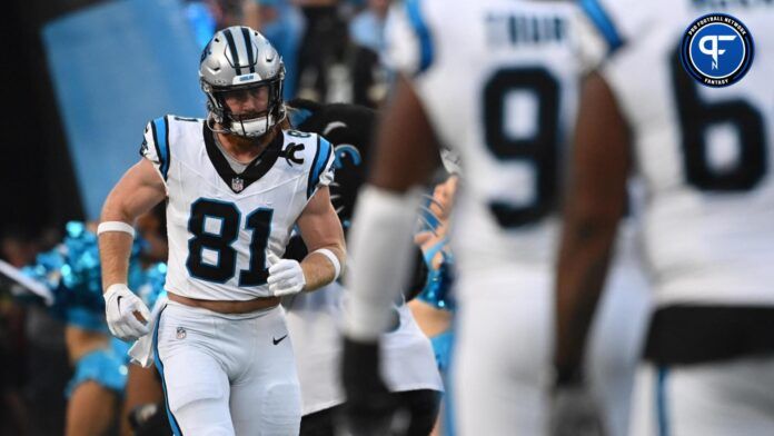 Carolina Panthers tight end Hayden Hurst (81) runs onto the field before the game at Bank of America Stadium.